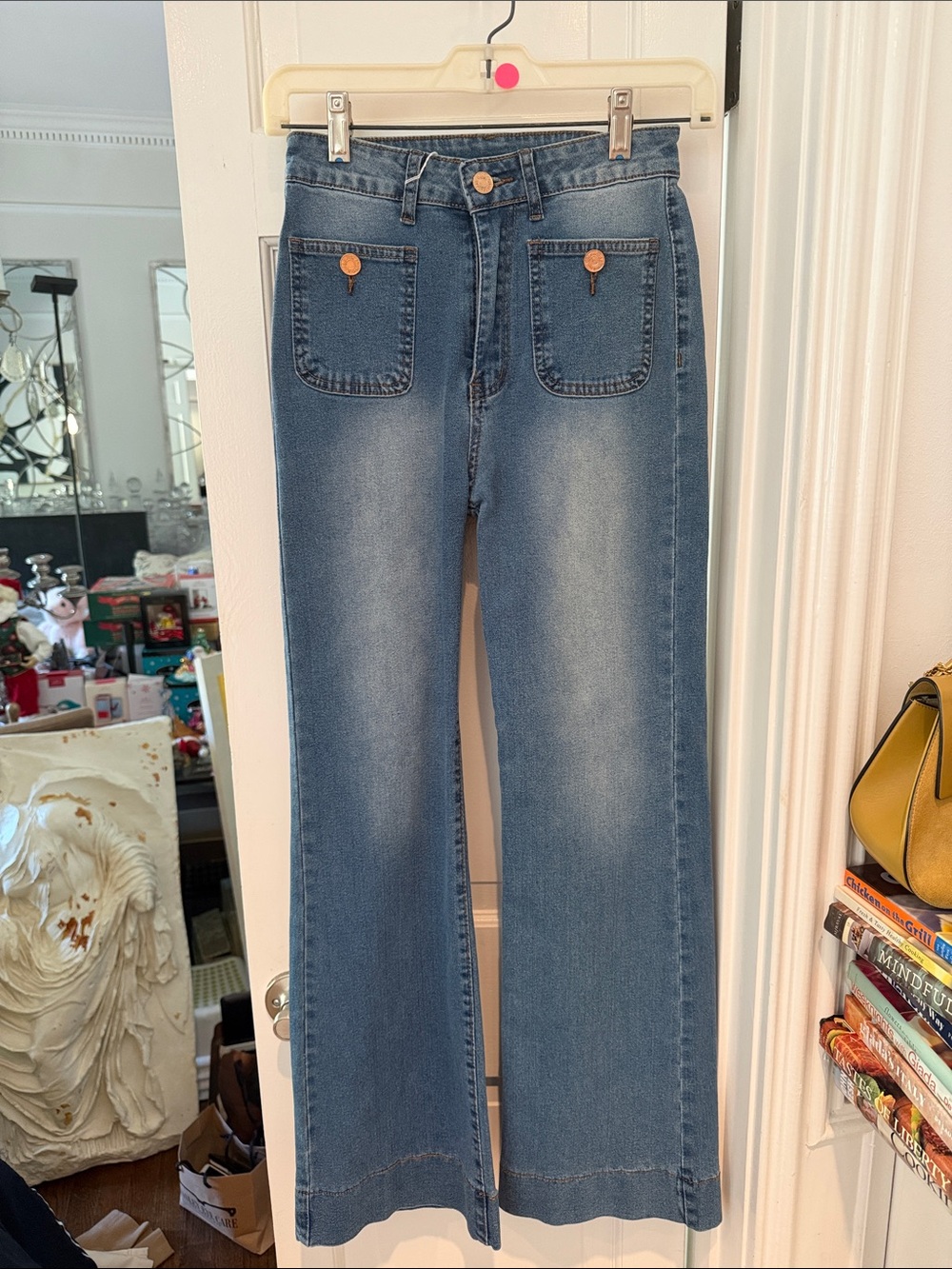 Black Crown Lt to Med Wash Denim Sailor Jeans w Wide Flared Legs & Patch Pockets